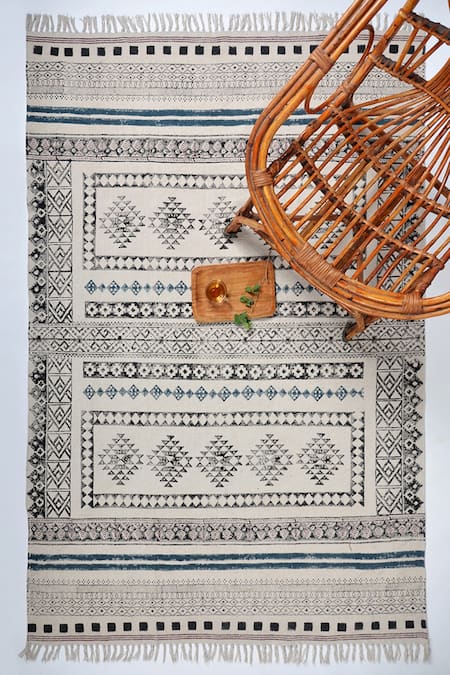 ORNA Multi Color Cotton Hand Block Print Diamond Woven Rug 