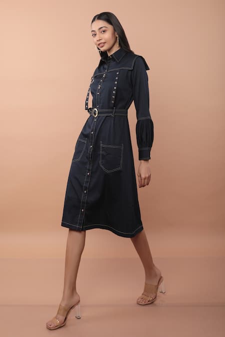 Veera Wear Blue Cotton Collared Glory Front Pocketed Dress 