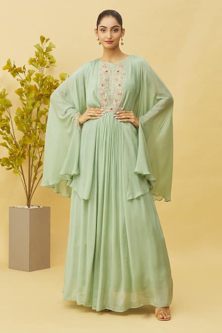 Samyukta Singhania Green Chinon Embroidered Zardosi Round Yoke Gown With Belt 