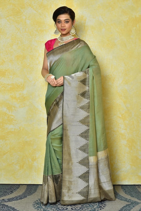 Nazaakat by Samara Singh Green Tussar Silk Banarasi Kadwa Weaving Temple Pattern Bordered Saree