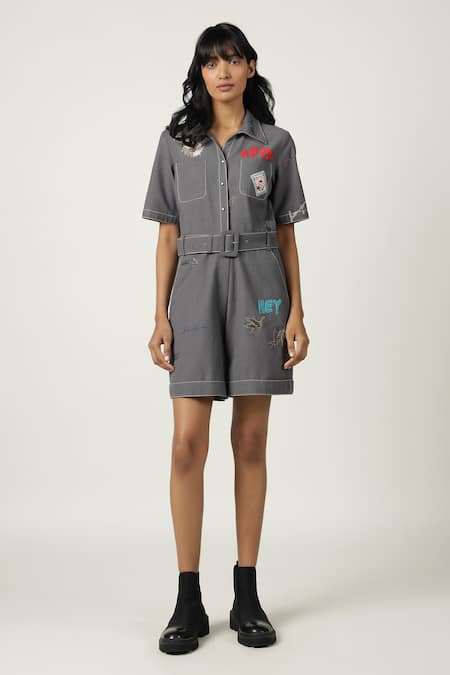 Shahin Mannan Grey Cotton Embroidery, Buckles Collared Patchwork Playsuit