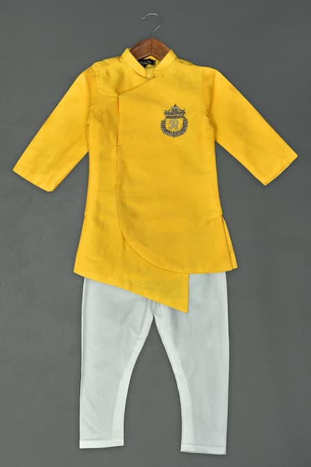 Maaikid Yellow Cotton Silk, Art Silk, Lining Letter Motif Embroidered Sherwani Set