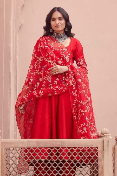 Pink City by Sarika Red Silk Chanderi Embroidered Peacock Round Anarkali Set With Organza Dupatta 