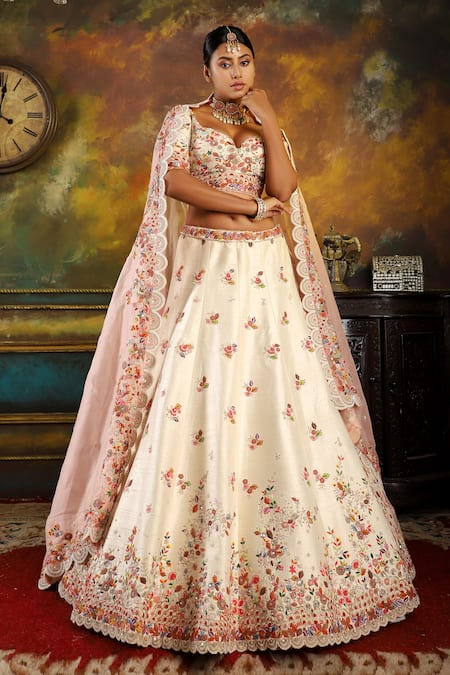 Pallavi Poddar Ivory Silk, Organza Embroidery Sweetheart Neck New Lake Fresh Bridal Lehenga Set 