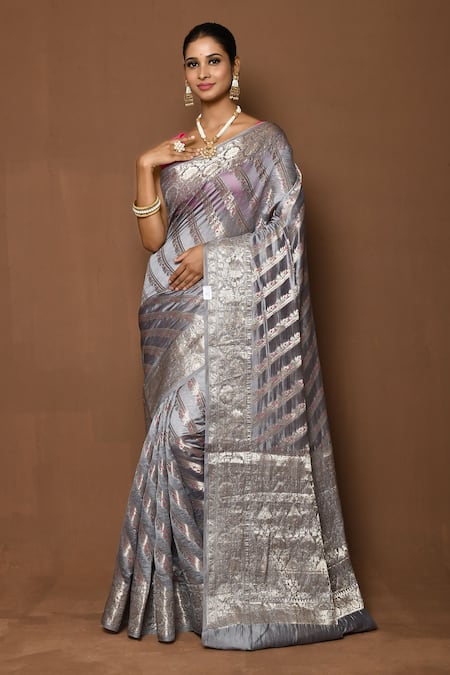 Nazaakat by Samara Singh Grey Silk Woven Floral Heart Patterned Pallu Saree