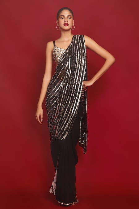 Nandita Thirani Black Chiffon Embroidery Sequin Sweetheart Neck Pant Saree Set 