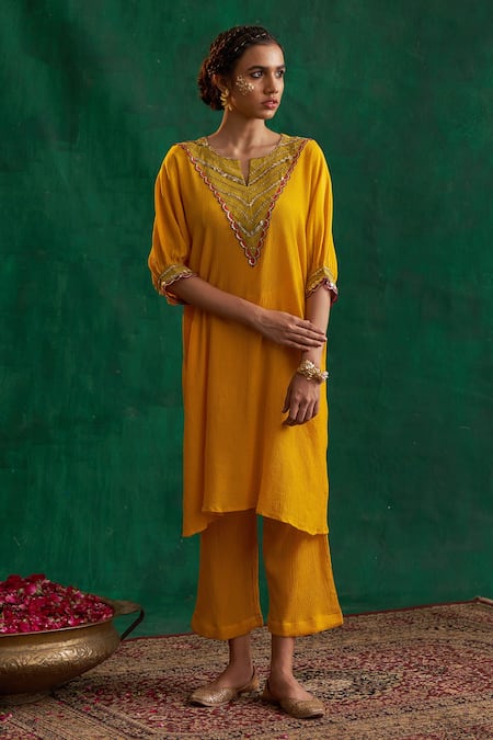 Rekha Agra Yellow Crinkled Cotton Silk Polka Dots Hand Block Print Kimono And Pant Set 