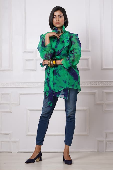 Megha Garg Blue Organza Embroidery Scoop Neck Marble Dye Jacket With Top 