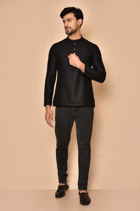 Aryavir Malhotra Black Cotton Straight Short Kurta 