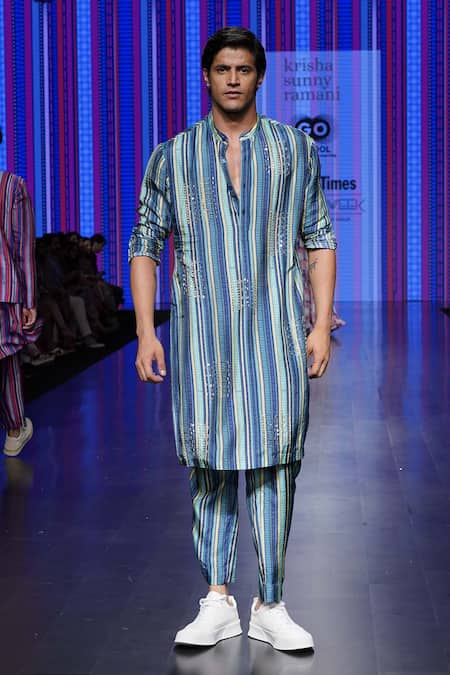 Krisha sunny Ramani Blue Raw Silk Printed Striped Kurta And Pant Set 