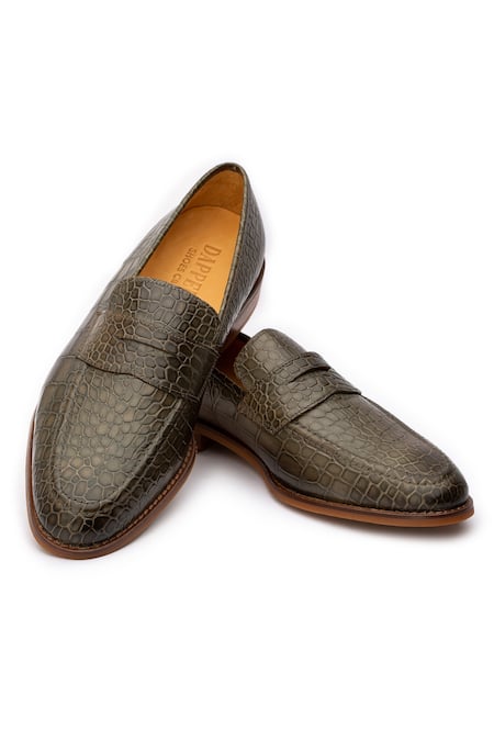 dapper Shoes Green Handcrafted Crocodile Pattern Penny Loafers 