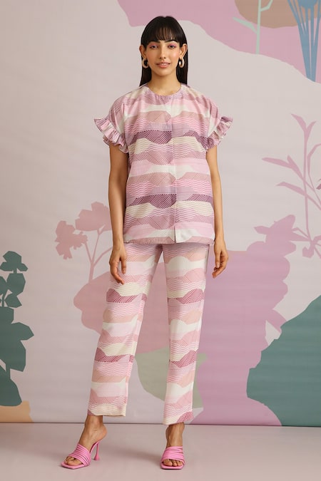 Pankaj & Nidhi Pink Top Cotton Silk Geometric Bayou Ruffle Sleeve And Pant Set  