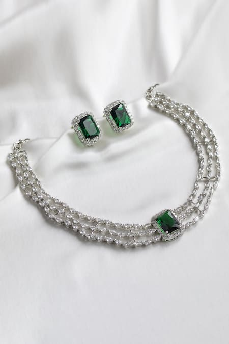 Buy Emerald Green Stone And Diamond Necklace Set In Silver Plated Alloy