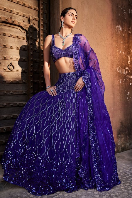 Shop_Mehak Murpana_Purple Organza, Net, Lining Butter Crepe Embroidered Bridal Lehenga Set_Online_at_Aza_Fashions