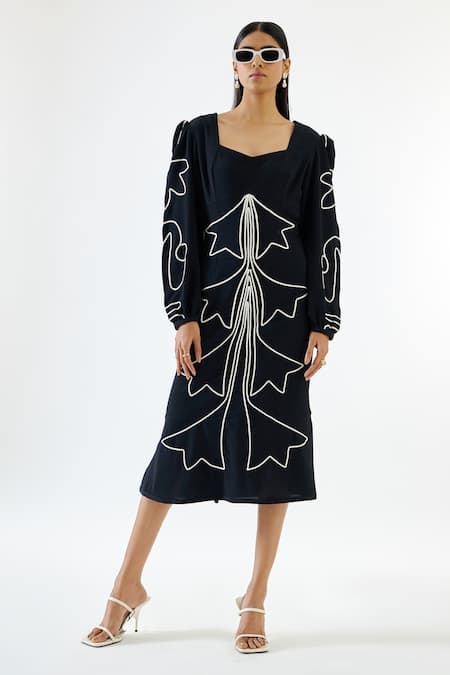 Echostudio_Black Crepe Embroidery V-neck Abstract Dress _Online_at_Aza_Fashions