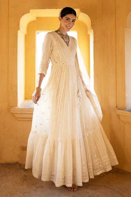 PREEVIN Cotton Mulmul Angrakha Anarkali With Dupatta 