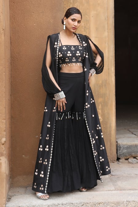 Nitisha Kashyap Official Black Georgette, Silk Mirrors, Beads Square Floral Embroidered Cape Gharara Set 
