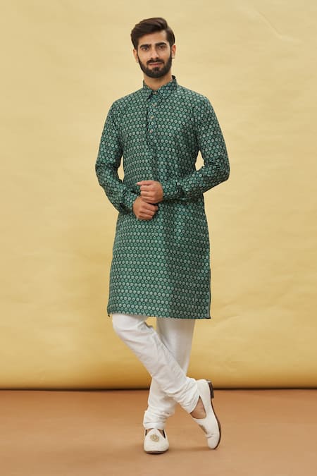 Arihant Rai Sinha Green Silk Sequins, Embroidery Bouquet Print Kurta Set