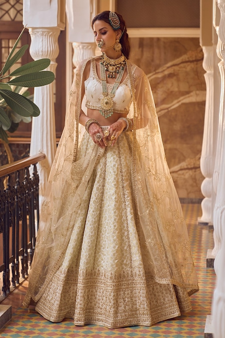Lashkaraa Off White Silk Sequins, Embroidery, Floral Brocade Pattern Bridal Lehenga Set 
