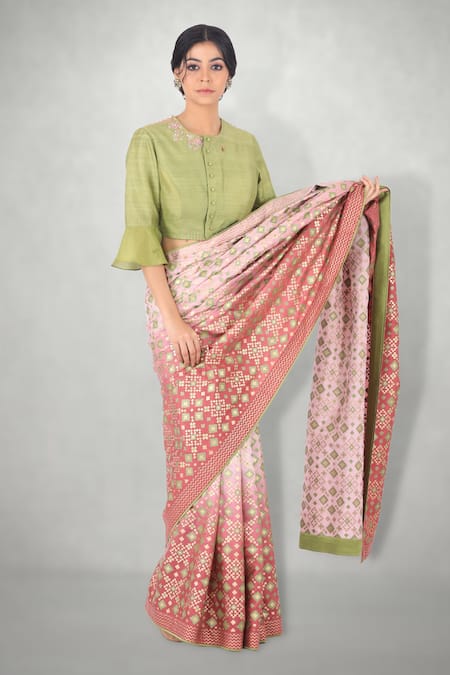 I Am Design Green Raw Silk Floral And Kantha Embroidery Round Placement Crop Top Online at Aza Fashions I Am Design_Green Raw Silk Floral And Kantha Embroidery Round Placement Crop Top _Online_at_Aza_Fashions