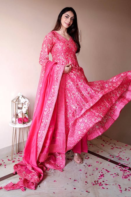Shrutkirti Pink Chanderi Printed Floral V Neck Wrap Anarkali Set 