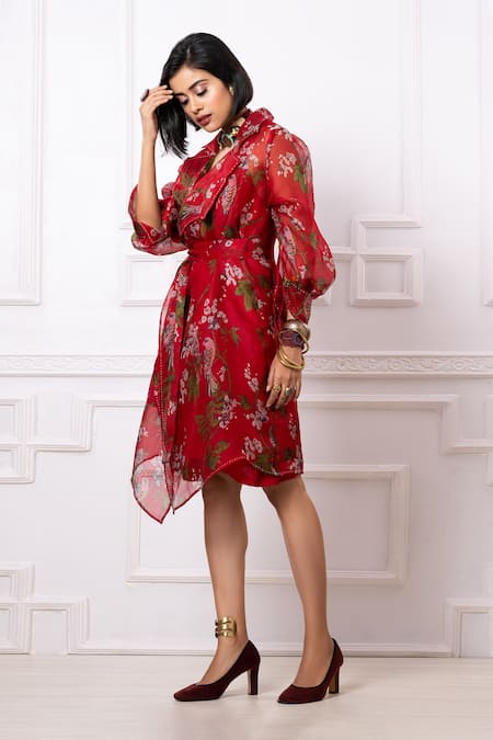 Megha Garg Red Organza Printed Floral Collared Neck Jacket And Dress Set 