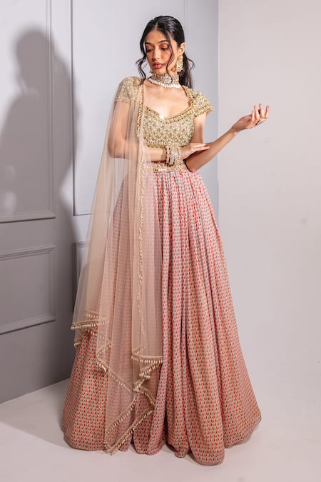 RIA SHAH LABEL Multi Color Poly Georgette Printed Floral V Neck Lehenga Set 