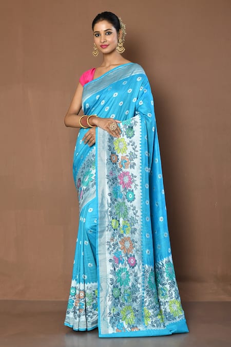 Nazaakat by Samara Singh Blue Handloom Cotton Flower Paithani Work Saree