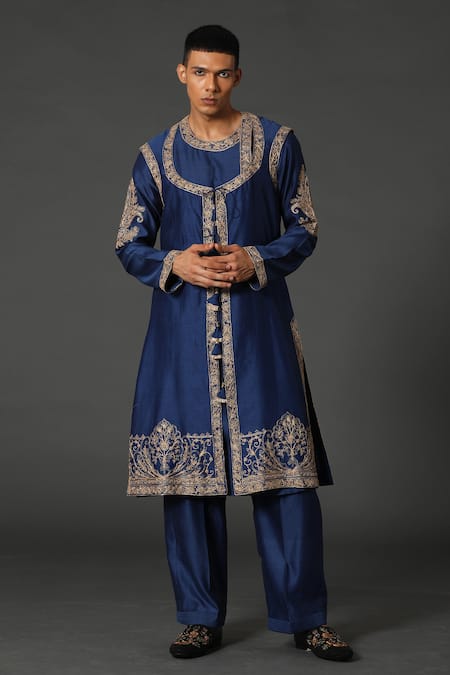 Rar Studio Blue Chanderi Handloom (50%silk X 50%cotton) Angrakha Jacket Kurta Set 
