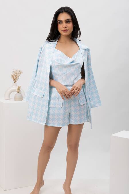 Dawn And Dusk Blue Satin Printed Houndstooth Blazer Milky Gaze Shorts Set 