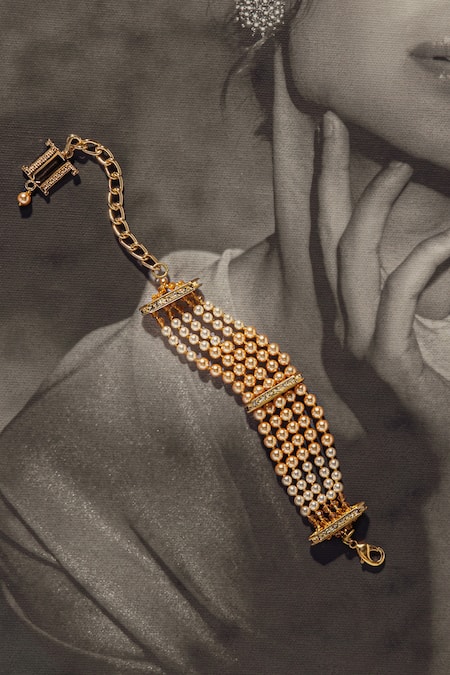 Tarun Tahiliani Gold Plated Pearls Double Flat Embellished Bracelet 