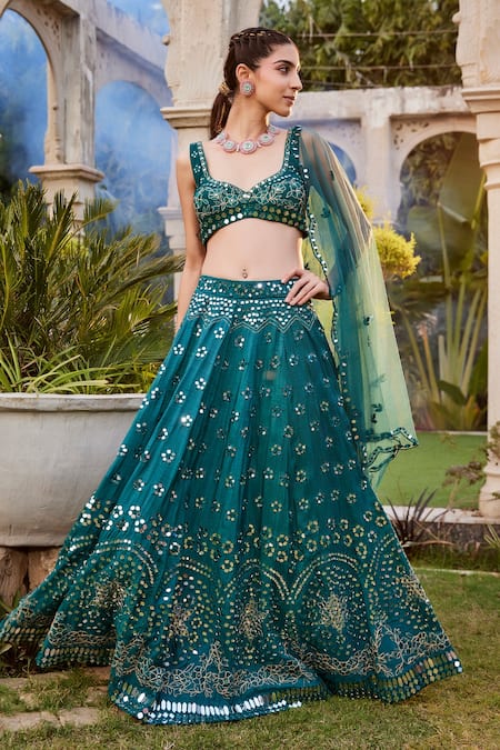 Blue Embroidered Bridal Lehenga Choli In Silk