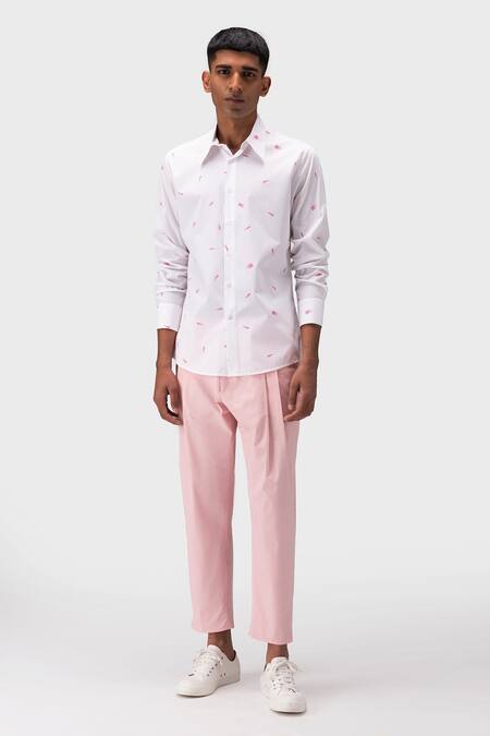 Genes Lecoanet Hemant Pink Cotton Twill Plain Pleated Pastel Trouser