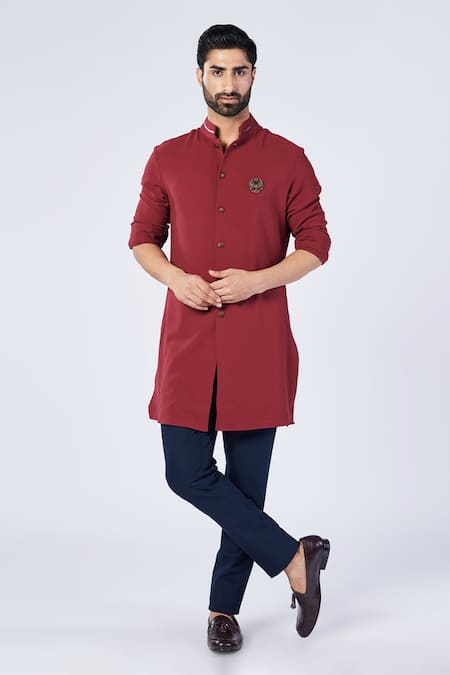 S&N by Shantnu Nikhil Red Poly Blend Embroidered Crest Button Down Shirt Kurta