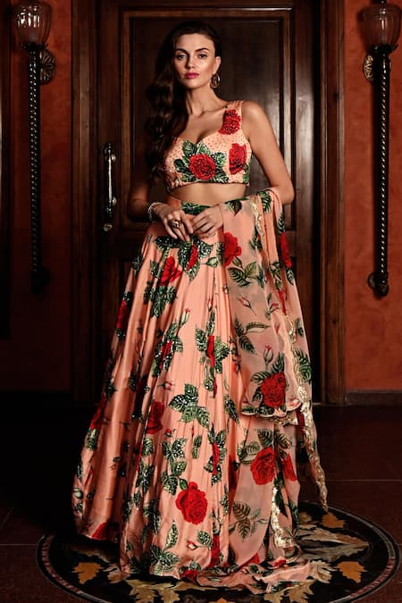 Sanam_Peach Silk Sequins, Embroidery, Stones Rosette Print Lehenga Set _Online_at_Aza_Fashions