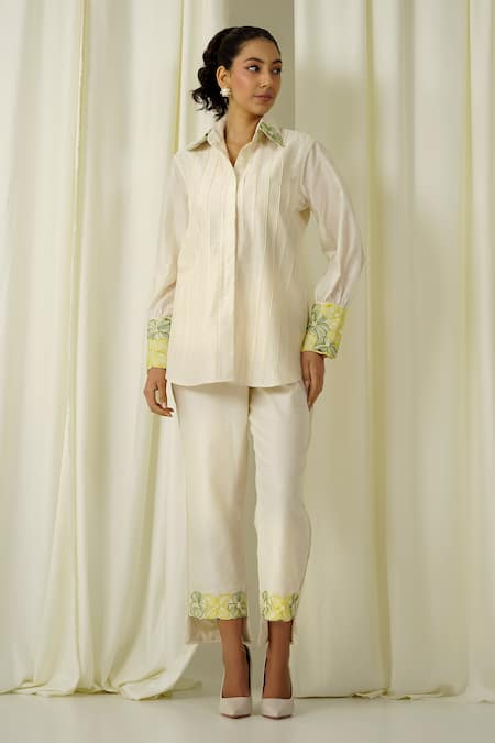 Sakshi Khetterpal Ivory Chanderi Beads, Pearls, Embroidery Collared Lace Work Shirt And Pant Set