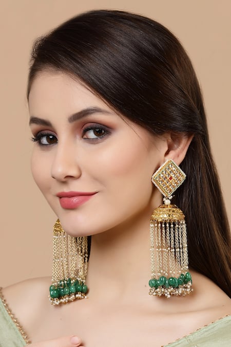 Shop Dugran By Dugristyle Gold Plated Pearls, Stones, Metallic Thread, Geometric Shaped Earrings at Aza Fashions Shop_Dugran By Dugristyle_Gold Plated Pearls, Stones, Metallic Thread, Geometric Shaped Earrings _at_Aza_Fashions