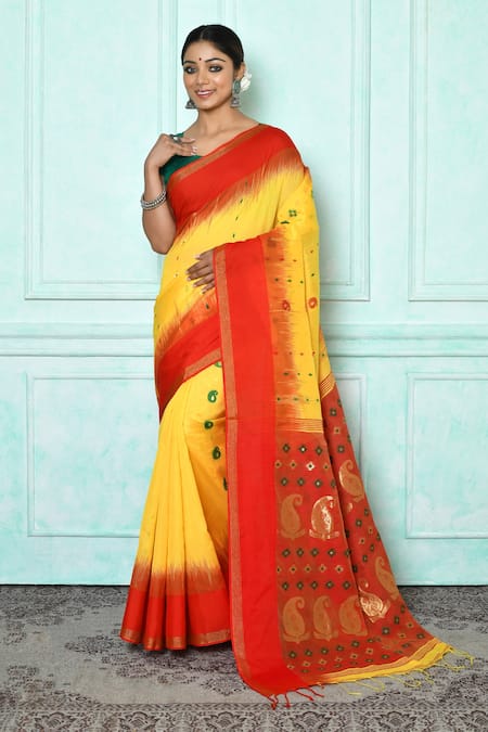 Adara Khan Yellow Blended Cotton Woven Paisley Work Two Toned Saree