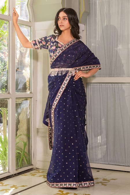 Suruchi Parakh Blue Georgette Crepe Printed Sequin V Neck Embroidered Saree With Blouse 