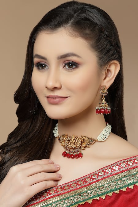 Shop Dugran By Dugristyle Multi Color Pearls, Stones Carved Temple Choker Set at Aza Fashions Shop_Dugran By Dugristyle_Multi Color Pearls, Stones Carved Temple Choker Set _at_Aza_Fashions