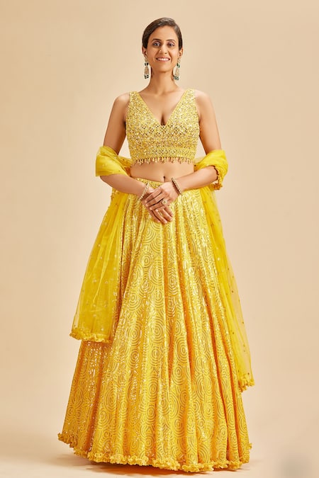 Nitika Gujral Yellow Blouse And Dupatta Net & Lehenga Georgette Geometric Pattern Set 