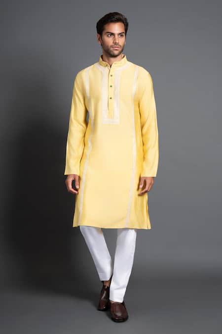 Raghavendra Rathore Jodhpur Yellow Silk Embroidery Panelled Kurta