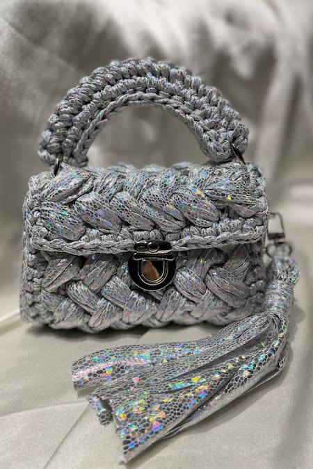 Shop Bijit Silver Tassels Metallic Snake Pattern Sling Bag at Aza Fashions Shop_Bijit_Silver Tassels Metallic Snake Pattern Sling Bag _at_Aza_Fashions