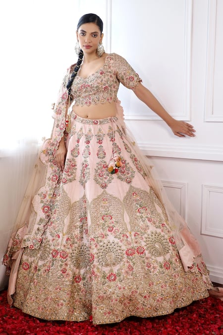 Shop Pallavi Poddar Pink Silk, Tulle Zari, Embroidery V-neck Jaipur Zardozi Bridal Lehenga Set at Aza Fashions Shop_Pallavi Poddar_Pink Silk, Tulle Zari, Embroidery V-neck Jaipur Zardozi Bridal Lehenga Set _at_Aza_Fashions