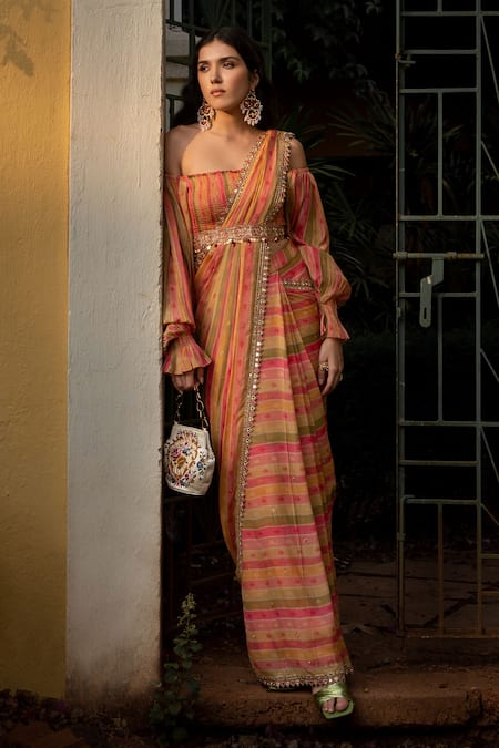 Buy_Paulmi And Harsh_Multi Color Georgette, Crepe Cut Work, Sequins, Striped Pre-draped Saree Set _Online_at_Aza_Fashions