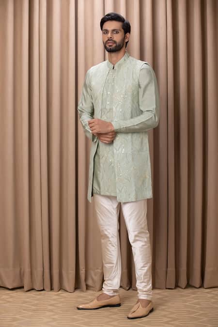 Ankit V Kapoor Green Cotton, Silk Embroidery Javed Kurta Set Online at Aza Fashions Ankit V Kapoor_Green Cotton, Silk Embroidery Javed Kurta Set _Online_at_Aza_Fashions