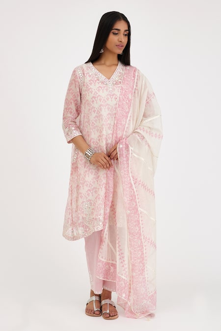 KORA Cotton Chanderi Hand Block Print Kurta Set 