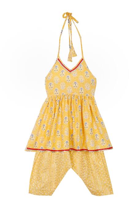 Buy Saka Designs Yellow Cotton Tassels, Embroidery Bandhani Print Halter Neck Tunic And Salwar Set at Aza Fashions Buy_Saka Designs_Yellow Cotton Tassels, Embroidery Bandhani Print Halter Neck Tunic And Salwar Set_at_Aza_Fashions