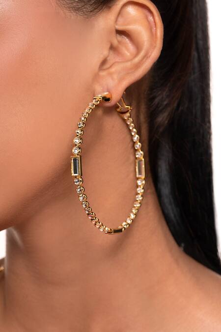 Shop Isharya Gold Plated Cubic Zirconia And Baguette Hand-cut Polki Mirrors Embellished Hoops at Aza Fashions Shop_Isharya_Gold Plated Cubic Zirconia And Baguette Hand-cut Polki Mirrors Embellished Hoops_at_Aza_Fashions