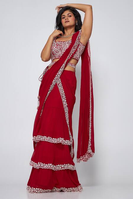 Asaga Maroon Silk, Georgette Embroidery Square Neck Keva Pre-draped Saree 